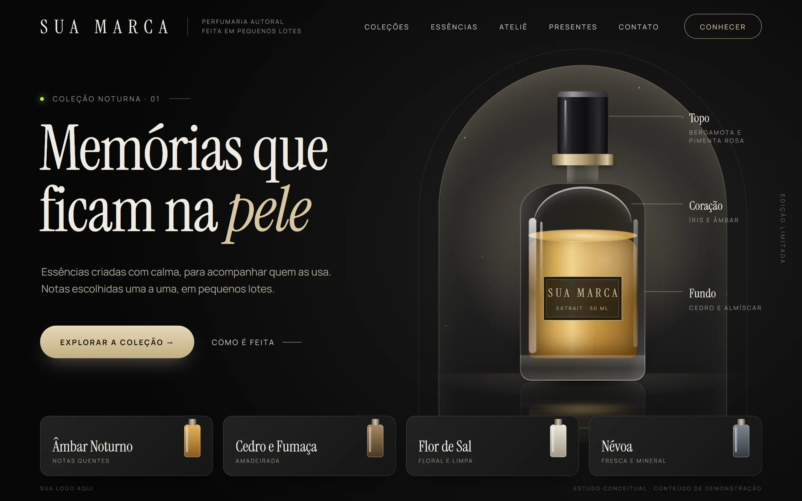 Estudo conceitual de site premium de perfumaria: fundo preto, manchete em serifa com uma palavra em itálico, frasco de perfume com líquido âmbar sob um arco de luz, notas olfativas e quatro cartões de coleção.