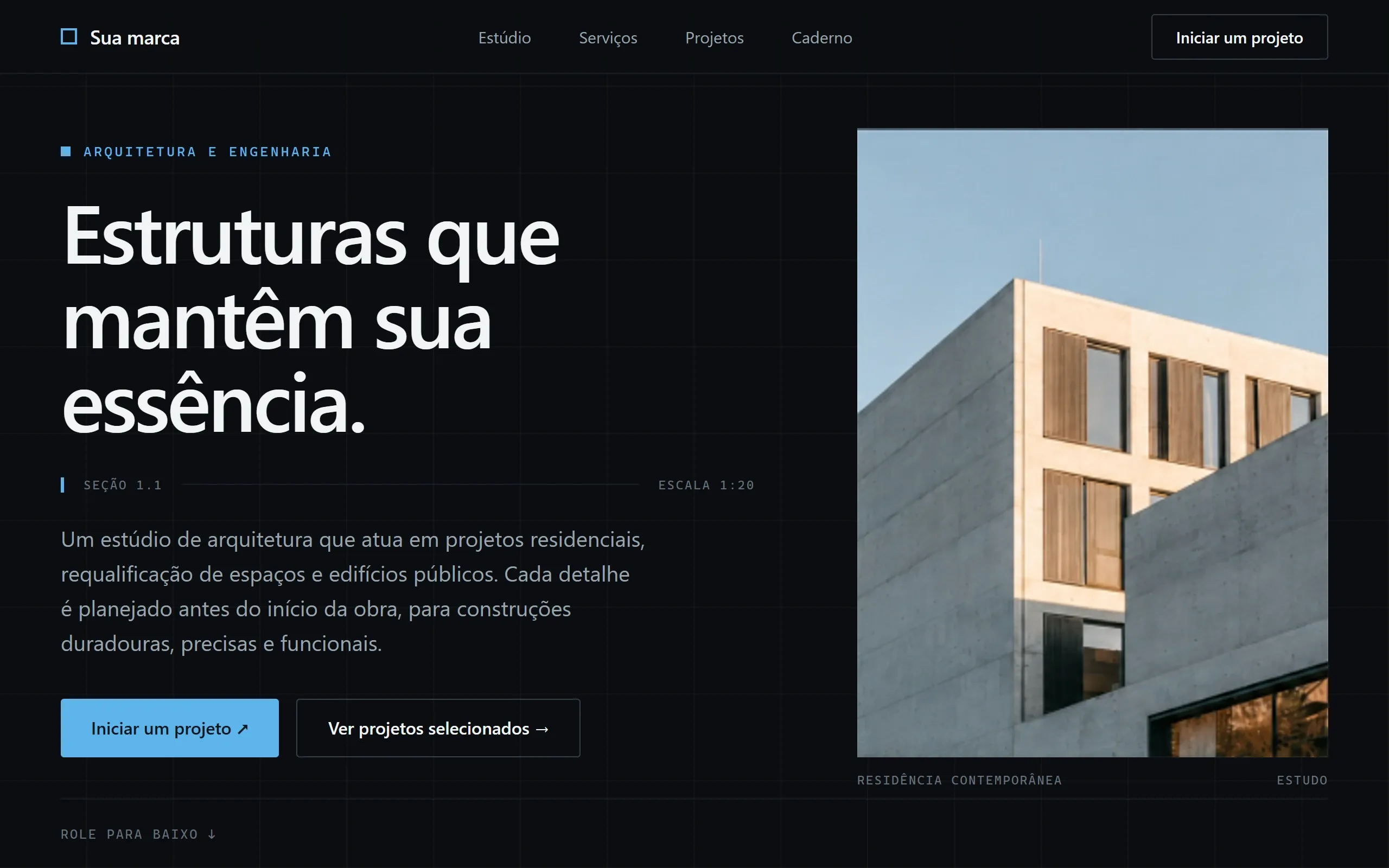 Estudo conceitual de site institucional: página inicial escura com grade ao fundo, manchete em duas linhas, parágrafo de apoio, dois botões lado a lado e fotografia de um edifício de concreto à direita.