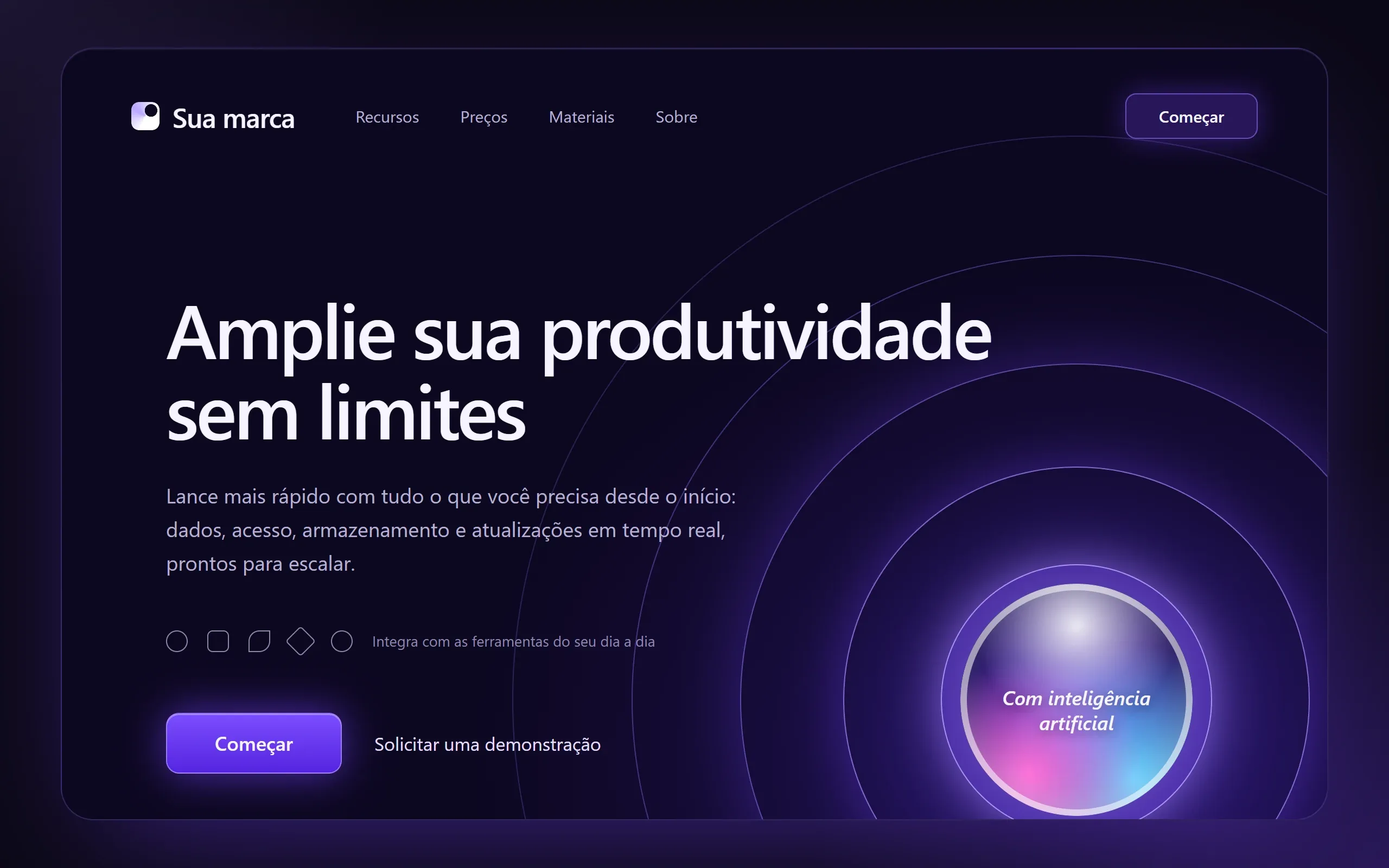 Estudo conceitual de landing page: painel escuro em tons de violeta com anéis luminosos concêntricos, manchete em duas linhas, parágrafo de apoio, uma fileira de ícones, botão principal e link secundário, e uma esfera de vidro em destaque no canto.